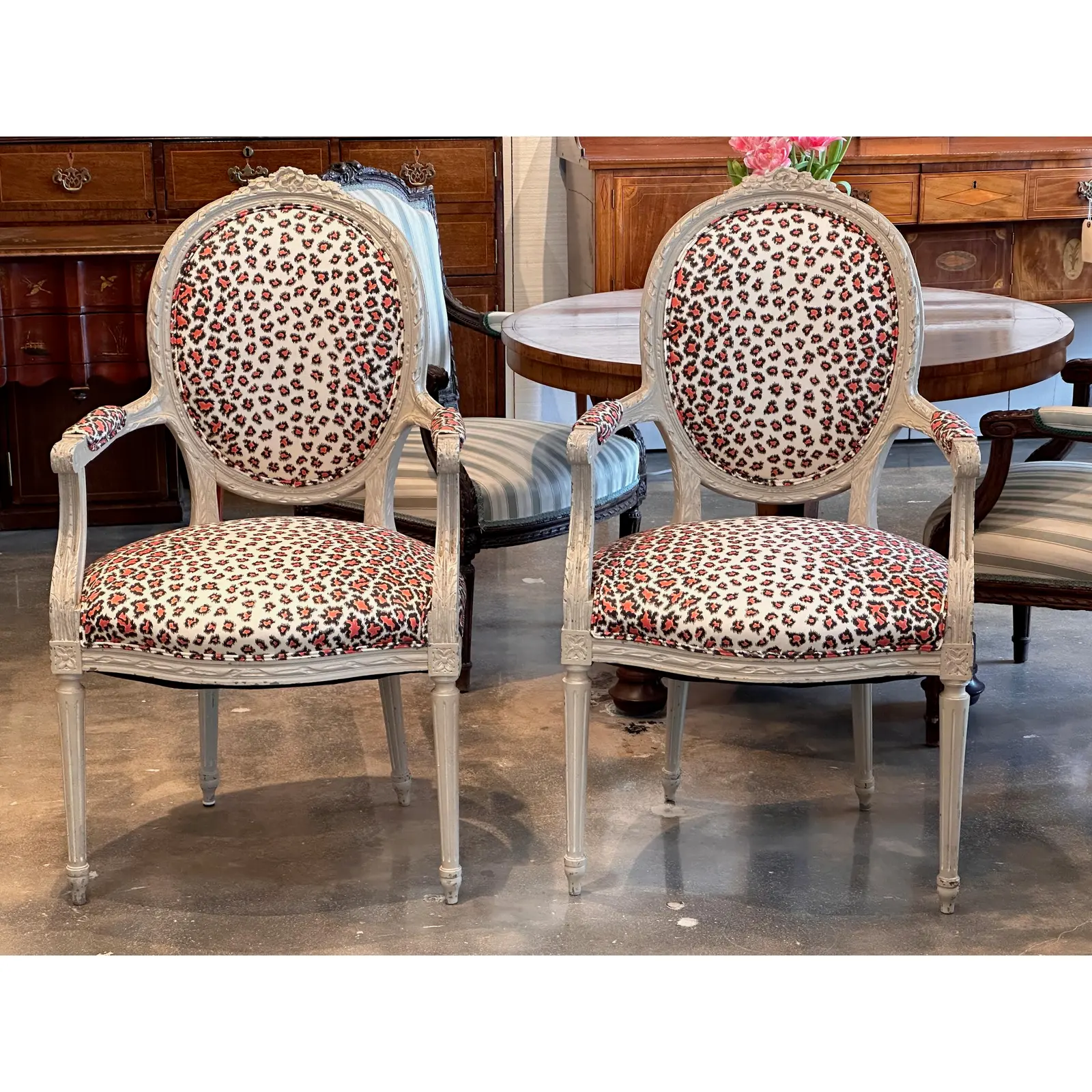 Late 19th Century Pair of Louis XVI Style Painted Arm Chairs